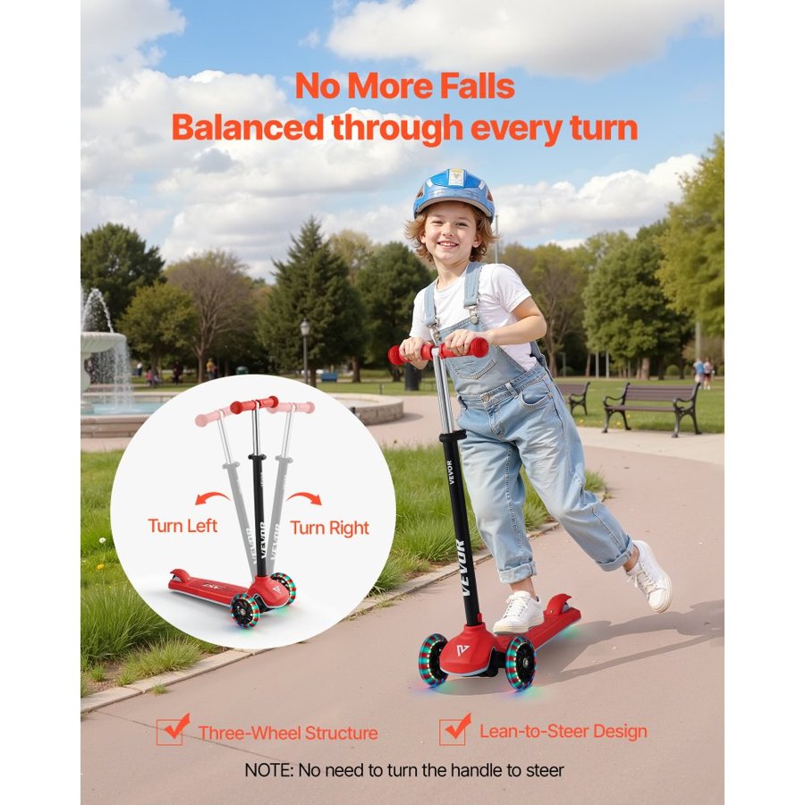 VEVOR Kick Scooter for Kids Ages 3+, 3-Wheel Toddler Scooter with Light-Up Wheels, Adjustable Height Handlebar, Wide Anti-Slip Deck, Lightweight Aluminum Frame for Boys and Girls up to 74.8 kg, Red