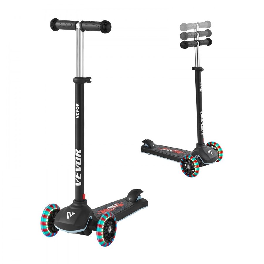 VEVOR Kick Scooter for Kids Ages 3+, 3-Wheel Toddler Scooter with Light-Up Wheels, Adjustable Height Handlebar, Wide Anti-Slip Deck, Lightweight Aluminum Frame for Boys & Girls up to 74.8 kg, Black