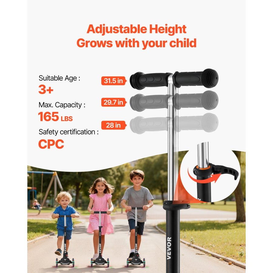 VEVOR Kick Scooter for Kids Ages 3+, 3-Wheel Toddler Scooter with Light-Up Wheels, Adjustable Height Handlebar, Wide Anti-Slip Deck, Lightweight Aluminum Frame for Boys & Girls up to 74.8 kg, Black