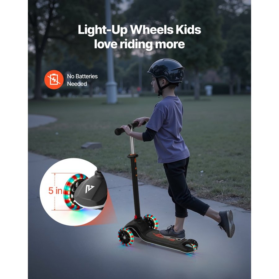 VEVOR Kick Scooter for Kids Ages 3+, 3-Wheel Toddler Scooter with Light-Up Wheels, Adjustable Height Handlebar, Wide Anti-Slip Deck, Lightweight Aluminum Frame for Boys & Girls up to 74.8 kg, Black