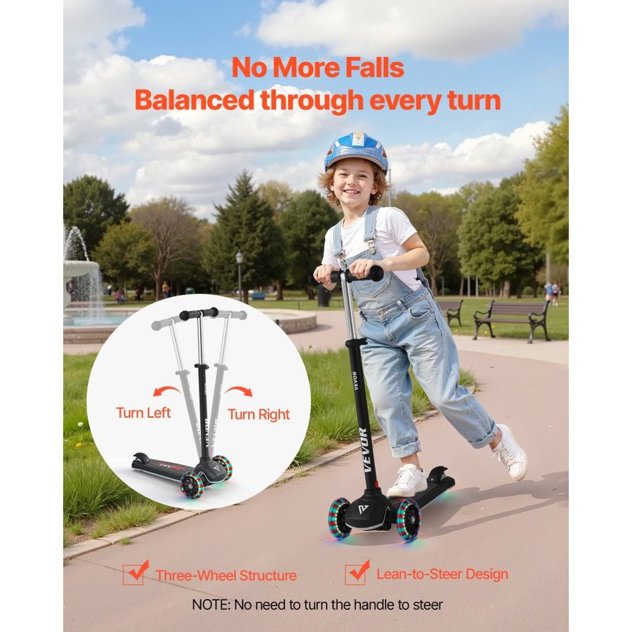 VEVOR Kick Scooter for Kids Ages 3+, 3-Wheel Toddler Scooter with Light-Up Wheels, Adjustable Height Handlebar, Wide Anti-Slip Deck, Lightweight Aluminum Frame for Boys & Girls up to 74.8 kg, Black
