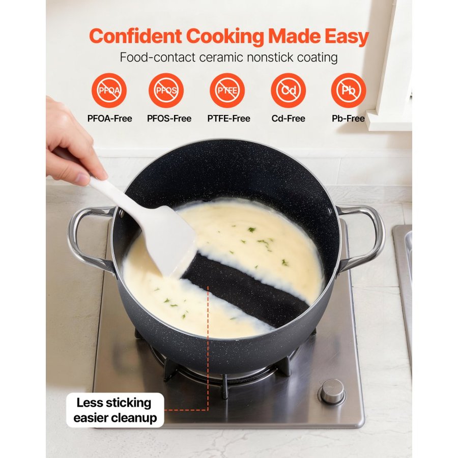 VEVOR Aluminum Stock Pot, 11.4 L Nonstick Ceramic Coated Pot with Glass Lid, PFOA-Free, PFAS-Free, Compatible with Gas Stoves, Induction Cooktops, Electric Stoves, for Soups, Stews, and Pasta