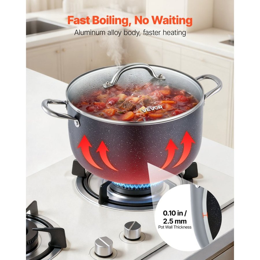 VEVOR Aluminum Stock Pot, 11.4 L Nonstick Ceramic Coated Pot with Glass Lid, PFOA-Free, PFAS-Free, Compatible with Gas Stoves, Induction Cooktops, Electric Stoves, for Soups, Stews, and Pasta