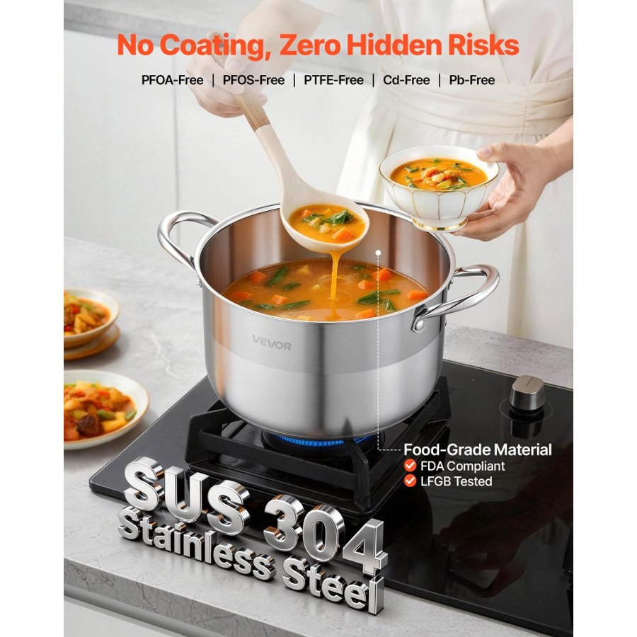 VEVOR 8 qt Stainless Steel Stock Pot – 304 SS, 5-Layer Base