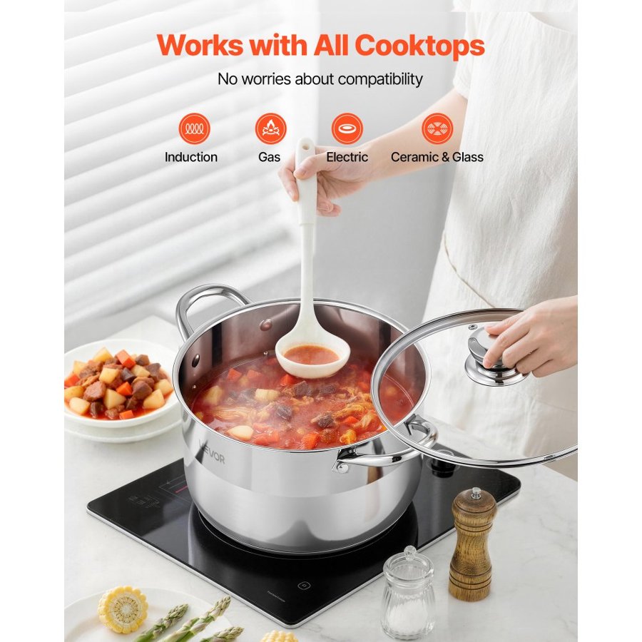 VEVOR 8 qt Stainless Steel Stock Pot – 304 SS, 5-Layer Base