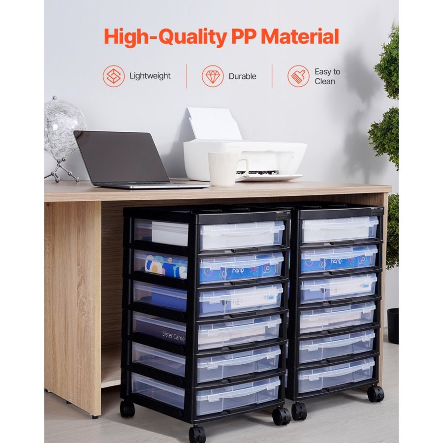 VEVOR Scrapbook Rolling Storage Cart, 6-Tier Large Capacity with Organizer Top, Black Frame with 4 Removable Wheels, PP Material Cart Only, Rolling Craft Storage for Office Arts and Crafts Supplies