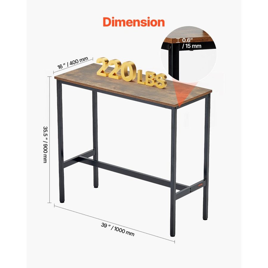 VEVOR Narrow Long Bar Table – 39x16x35.5 in., Metal Frame