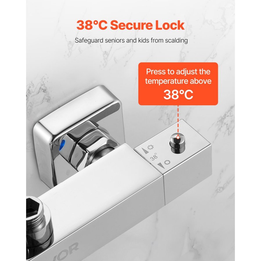 VEVOR Thermostatic Shower Faucet Valve, 38℃ Secure Lock Thermostatic Shower Faucet Valve, Hot Cold Water Showering Faucets Temperature Control Valves for Bathroom, RV, Hotel, Two Holes & Chrome Silver