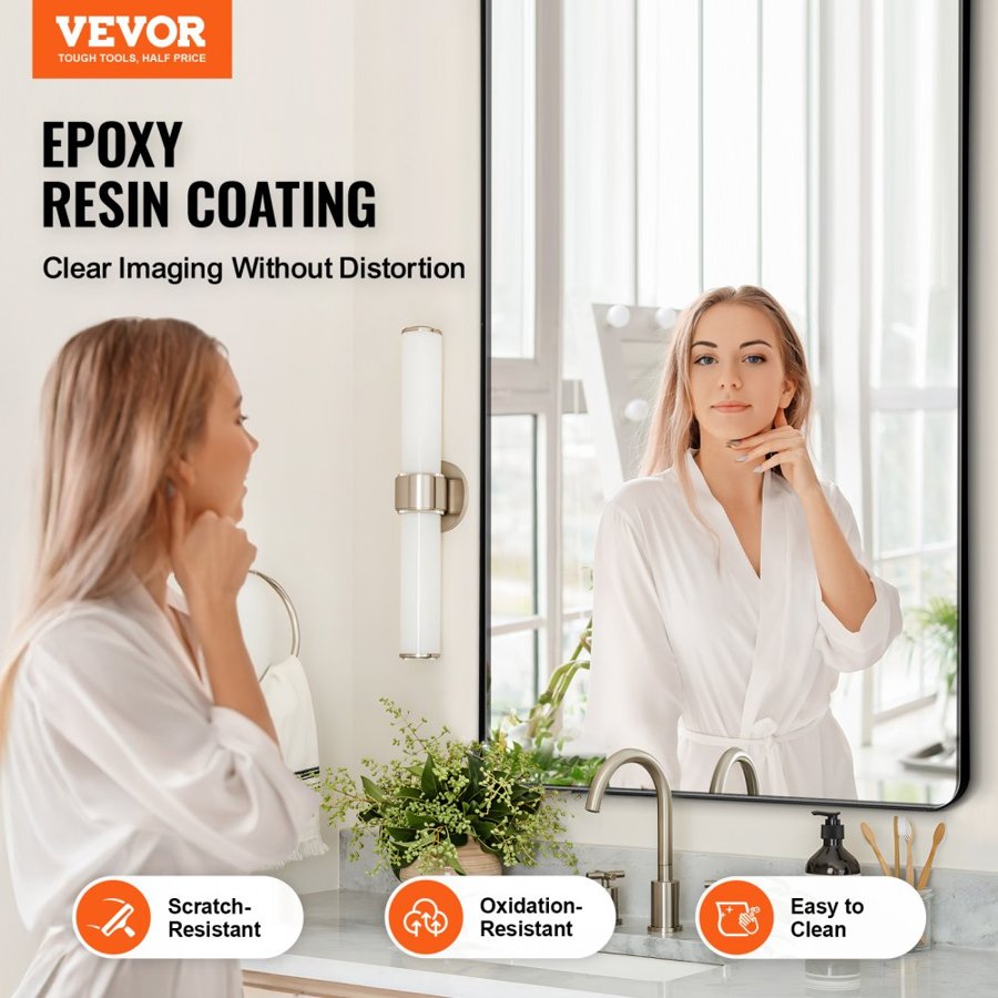 VEVOR Wall Mounted Makeup Mirror, 0.15" Thick, 30" x 48" Mirror with Aluminium Alloy Frame & Explosion-Proof Film, Scratch-Resistant Mirror with Z-Shaped Bracket, Fit for Bathroom/Bedroom/Living Room