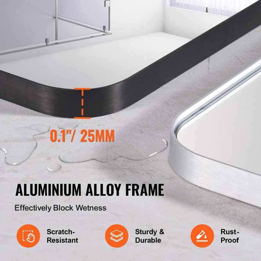 VEVOR Wall Mounted Makeup Mirror, 0.15" Thick, 30" x 48" Mirror with Aluminium Alloy Frame & Explosion-Proof Film, Scratch-Resistant Mirror with Z-Shaped Bracket, Fit for Bathroom/Bedroom/Living Room