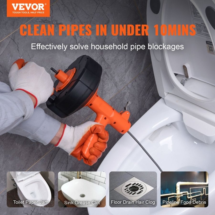 VEVOR Drain Auger 762 cm, Plumbing Snake Auto Feed, Plumbers Snake with Drill Attachment, Pipe Snake Drain Clog Remover for Kitchen Bathroom Shower Sink with Protective Hose and Gloves