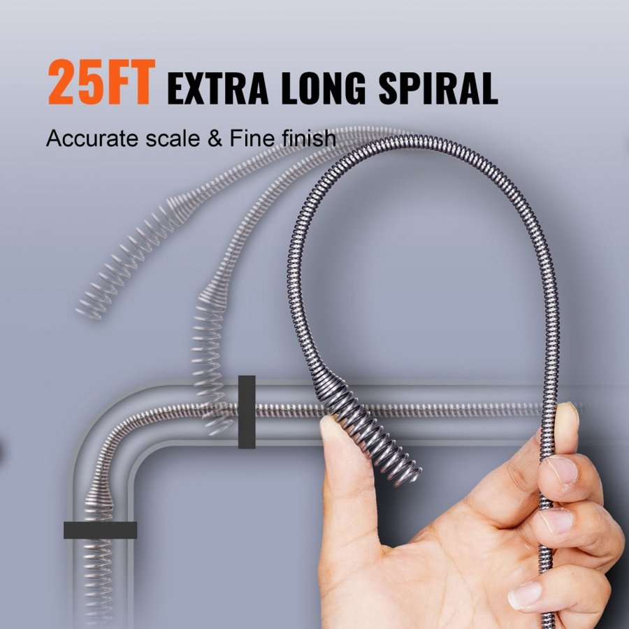 VEVOR Drain Auger 762 cm, Plumbing Snake Auto Feed, Plumbers Snake with Drill Attachment, Pipe Snake Drain Clog Remover for Kitchen Bathroom Shower Sink with Protective Hose and Gloves