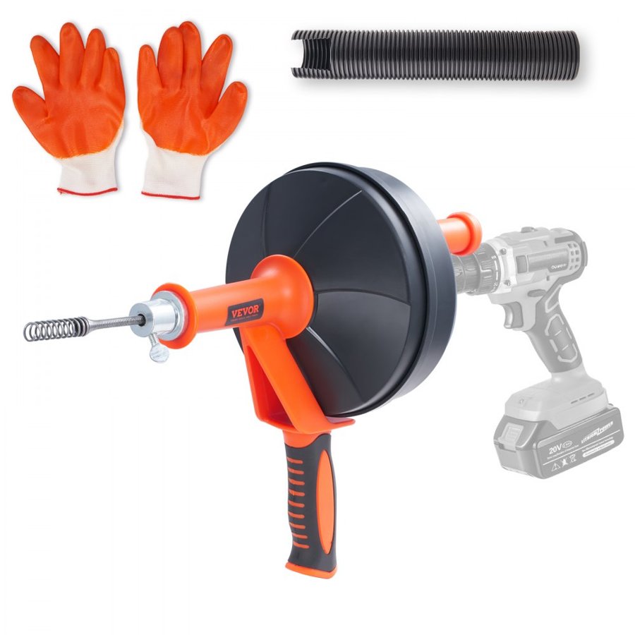 VEVOR Drain Auger 762 cm, Plumbing Snake with Drill Attachment, Plumbers Snake Drain Clog Remover for Kitchen Bathroom Shower Sink with Protective Hose and Gloves