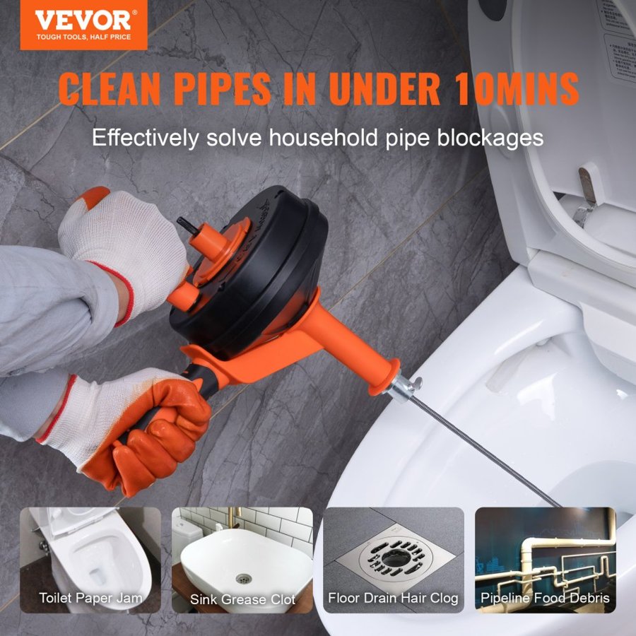 VEVOR Drain Auger 762 cm, Plumbing Snake with Drill Attachment, Plumbers Snake Drain Clog Remover for Kitchen Bathroom Shower Sink with Protective Hose and Gloves
