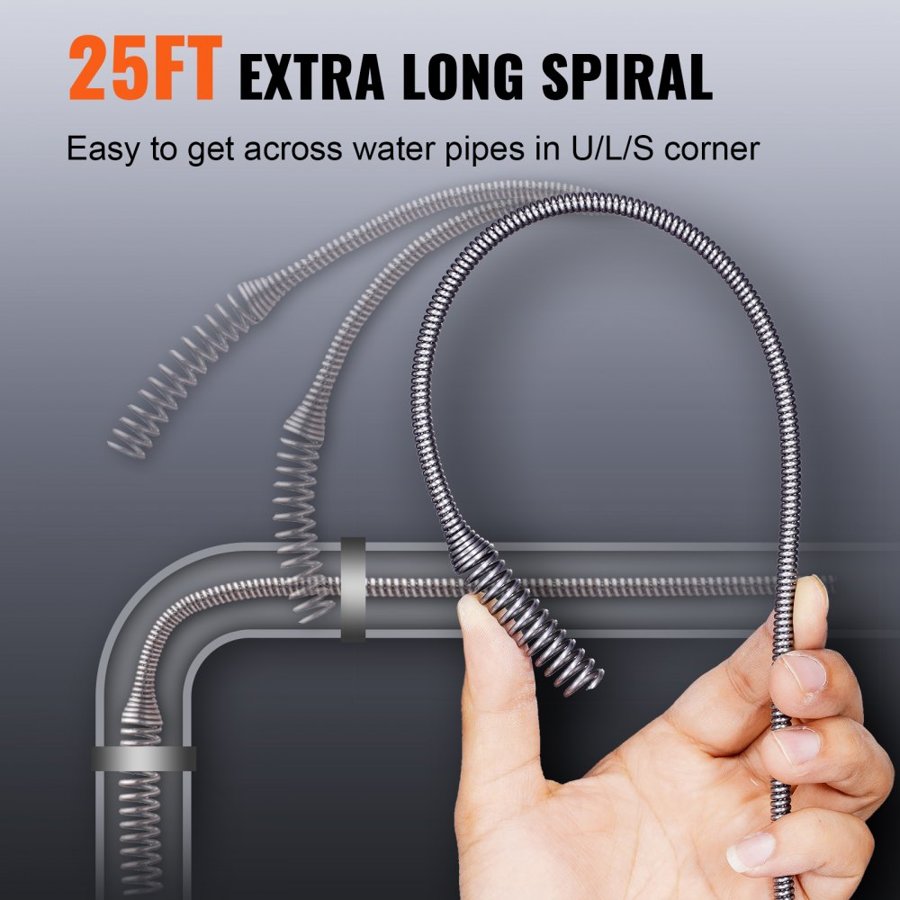 VEVOR Drain Auger 762 cm, Plumbing Snake with Drill Attachment, Plumbers Snake Drain Clog Remover for Kitchen Bathroom Shower Sink with Protective Hose and Gloves