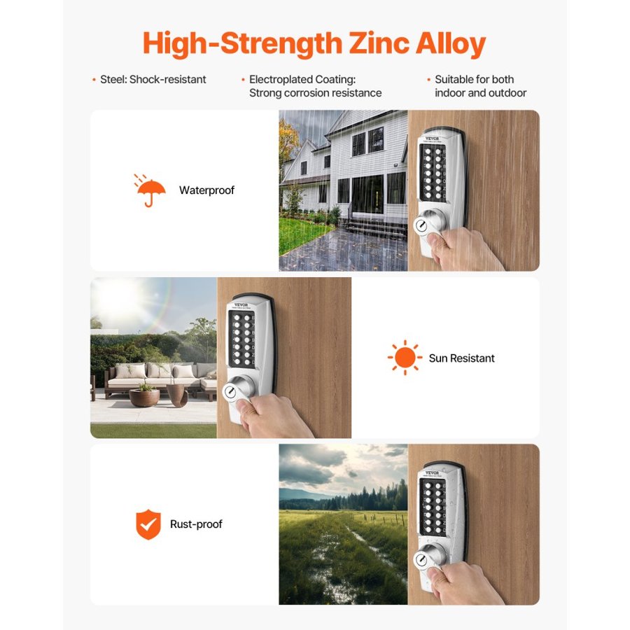 VEVOR Mechanical Keyless Entry Door Lock, 14 Key Mechanical Door Lock with Keys, Mechanical Keypad Door Lock with Handle, Stainless Steel Waterproof Keyless Gate Lock, for Home Office Outdoor Garage