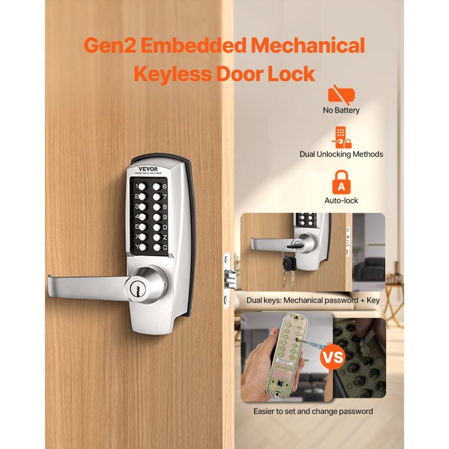 VEVOR Mechanical Keyless Entry Door Lock, 14 Key Mechanical Door Lock with Keys, Mechanical Keypad Door Lock with Handle, Stainless Steel Waterproof Keyless Gate Lock, for Home Office Outdoor Garage
