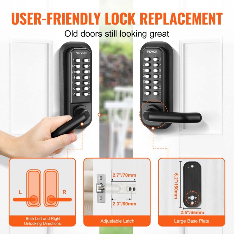 VEVOR Mechanical Keyless Entry Door Lock, 14 Digit Keypad, Embedded Outdoor Gate Door Locks Set with Keypad and Handle, Water-proof Zinc Alloy, Easy to Install, for Garden, Garage, Storage Shed, Yard