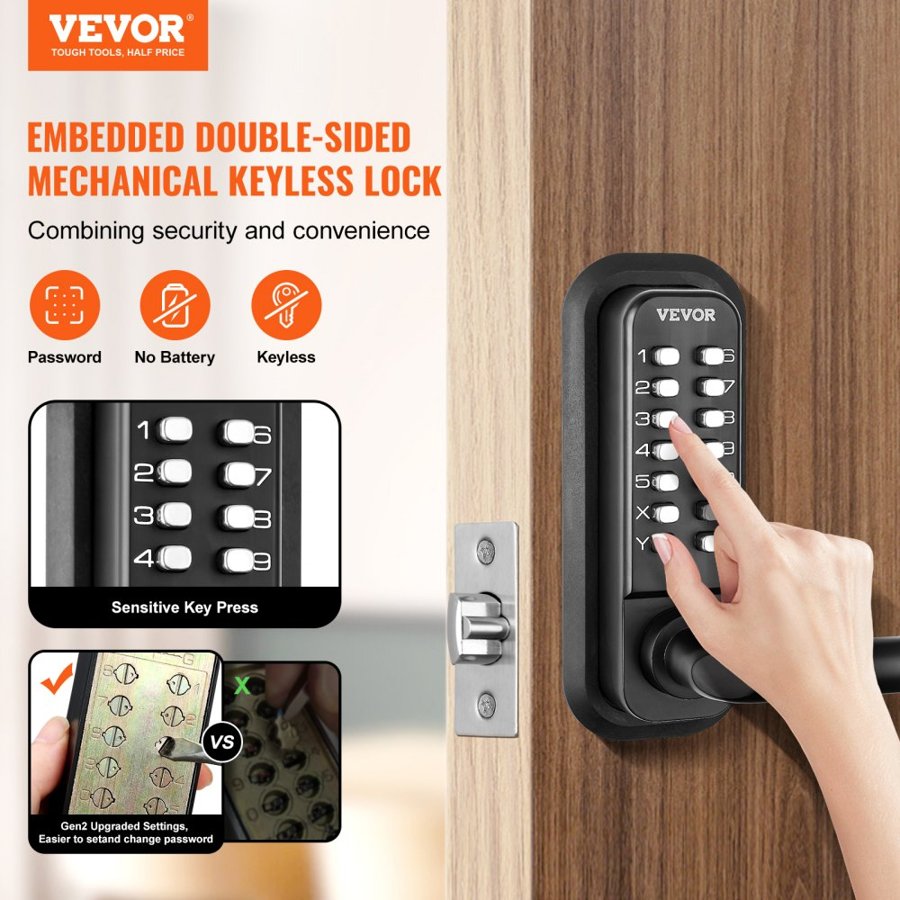 VEVOR Mechanical Keyless Entry Door Lock, 14 Digit Keypad, Double-sided Embedded Outdoor Gate Door Locks Set with Keypad and Handle, Water-proof Zinc Alloy, Easy to Install, for Garden, Yard, Garage