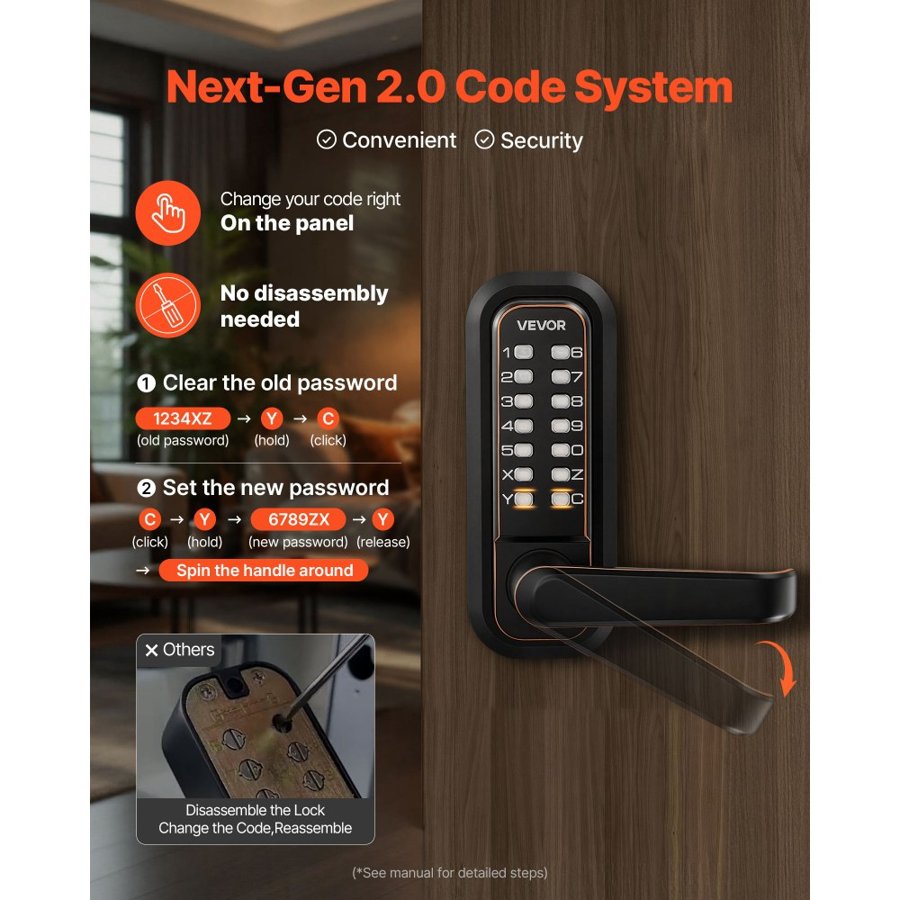 VEVOR Mechanical Keyless Entry Door Lock, 2.0 Code Upgrade, 4-7 Digits Code, Double-Sided Push Button Combination Keypad Door Lock with Handle, Auto Locking, for Indoor or Outdoor, Oil-Rubbed Bronze