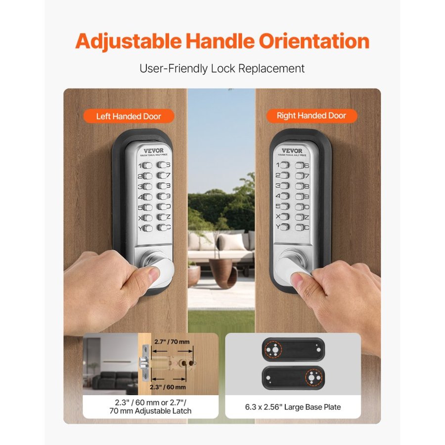 VEVOR Mechanical Keyless Entry Door Lock, 14 Key Mechanical Door Lock, Mechanical Keypad Door Lock with Handle, Double-Sided Stainless Steel Waterproof Keyless Gate Lock, for Home Office Yard, Sliver