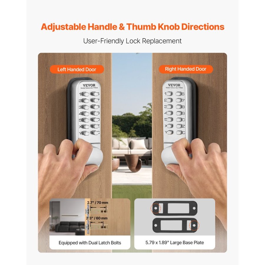 VEVOR Mechanical Keyless Entry Door Lock, 14 Key Mechanical Door Lock, Mechanical Keypad Door Knob, Single-Side Stainless Steel Waterproof Keyless Gate Lock, for Home Office Outdoor Fence Garage Yard