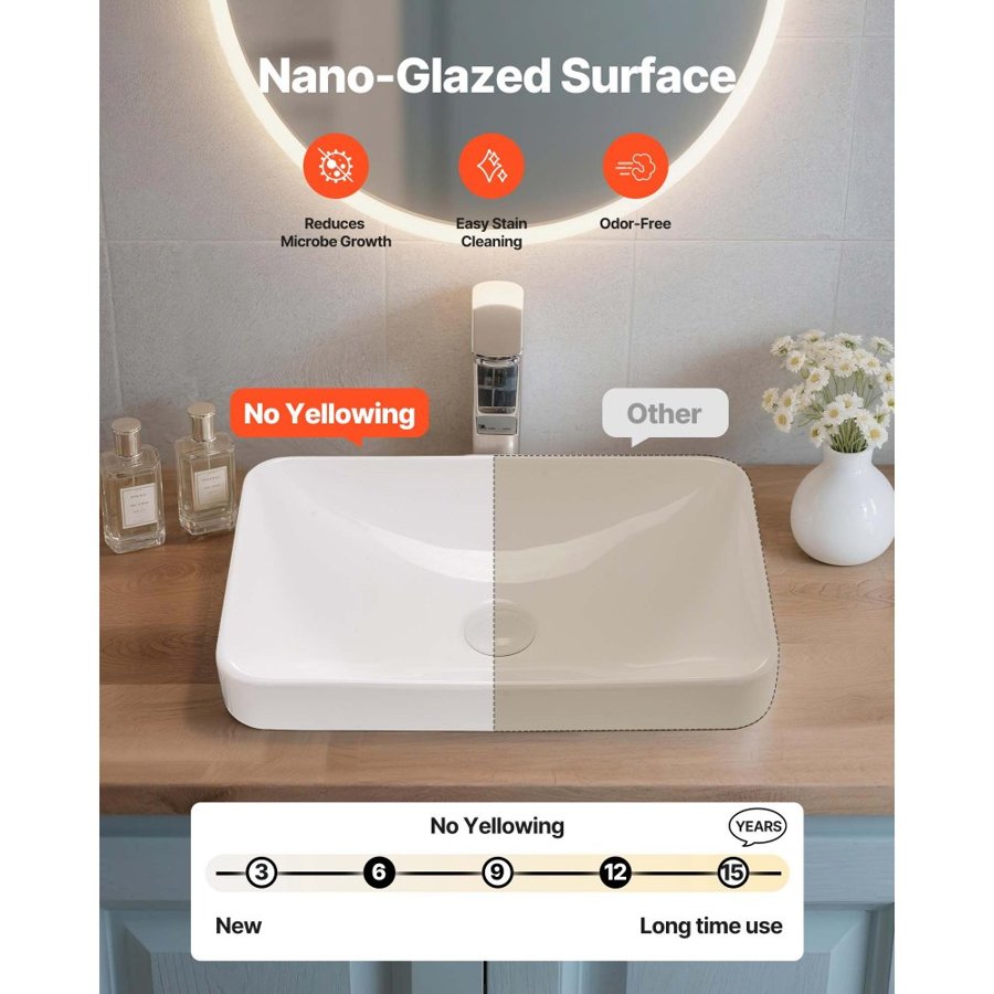 VEVOR Semi Recessed Lavatory Sink – 19.3"x12", White Ceramic