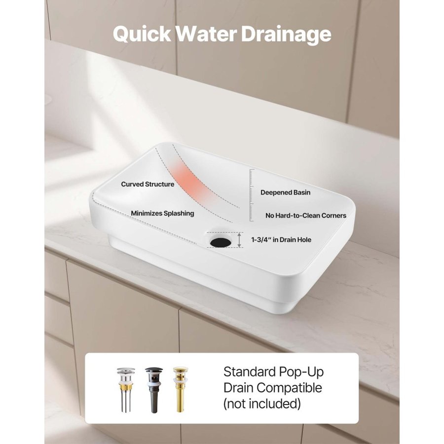 VEVOR Semi Recessed Lavatory Sink – 19.3"x12", White Ceramic