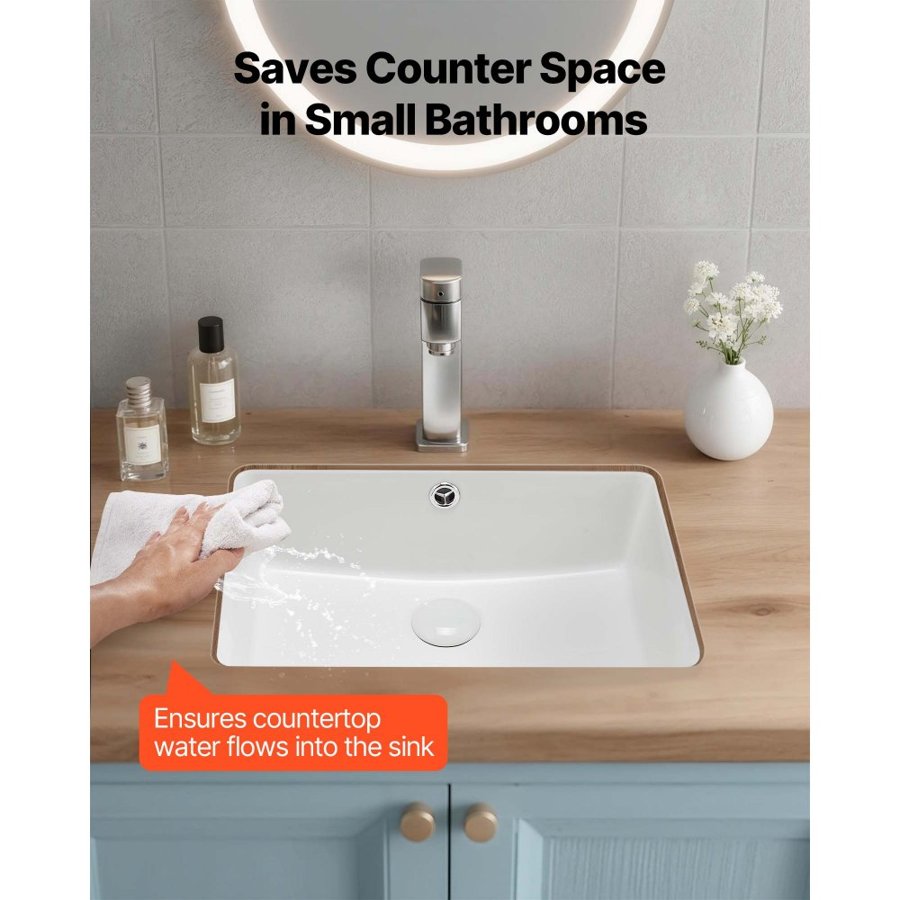 VEVOR White Undermount Bathroom Sink – 18.5" x 13.19", 1.75"