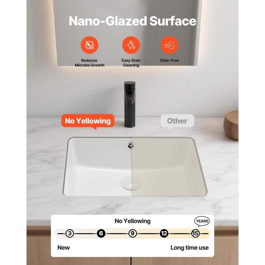 VEVOR White Undermount Bathroom Sink – 18.5" x 13.19", 1.75"