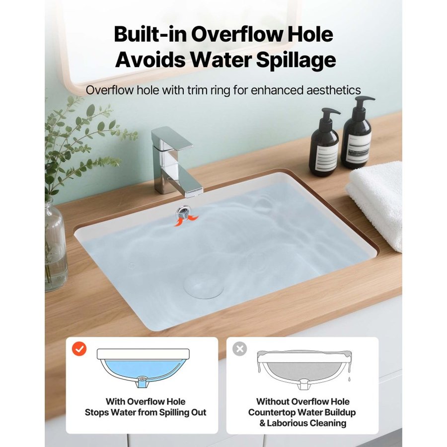 VEVOR White Undermount Bathroom Sink – 18.5" x 13.19", 1.75"