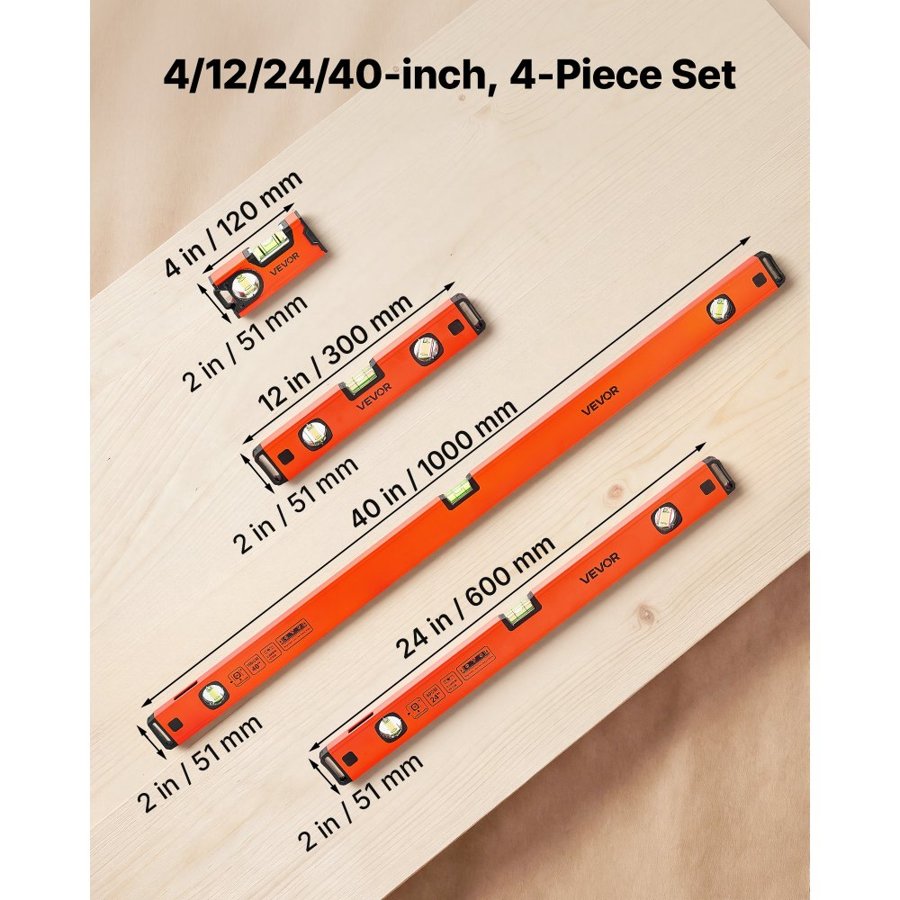 VEVOR Torpedo Level, 4-Piece (120/300/600/1000 mm), Magnetic Leveler Tool Set Aluminum Alloy, with Clear 3 Green Vials, Hanging Hole, Box Beam Multi-angle Measurement for Construction Home Renovation