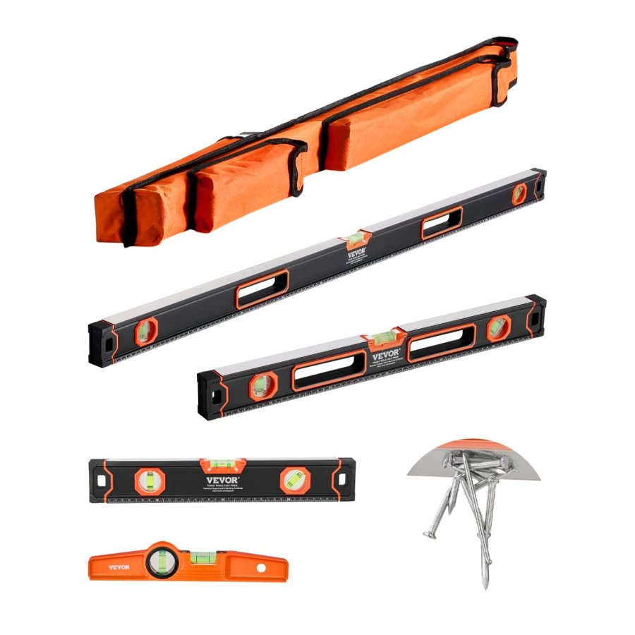 VEVOR 4-Piece Torpedo Level, 48/24/16/10 Inch All Magnetic Levels Set, Fluorescent Light Up Bubble Vials Ruler for 45/90/180 Degree, Aluminum Alloy Magnetic Box Leveler Tool, SAE and Metric Scale