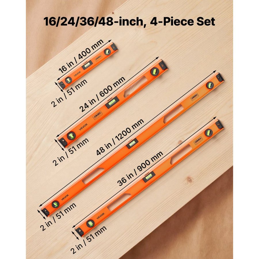 VEVOR Leveling Tool Set – 4 Pcs, Magnetic I-Beam, 3 Vials