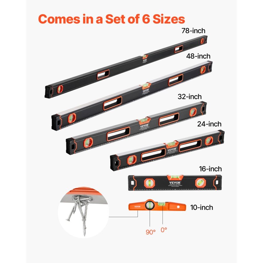 VEVOR Levels Set – 6 Torpedo Levels, 10-78" Aluminum Alloy