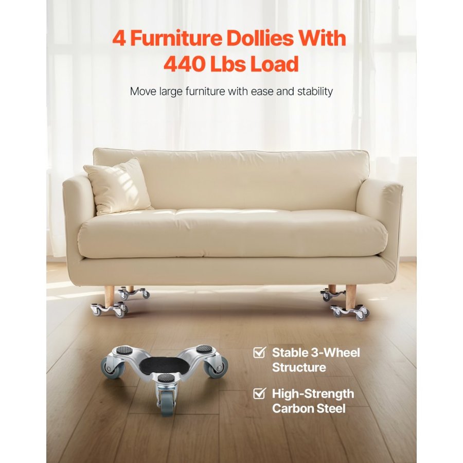 VEVOR 3 Wheel Steel Dolly – 440 LBS, 6.3 Inch, Rotate 360°