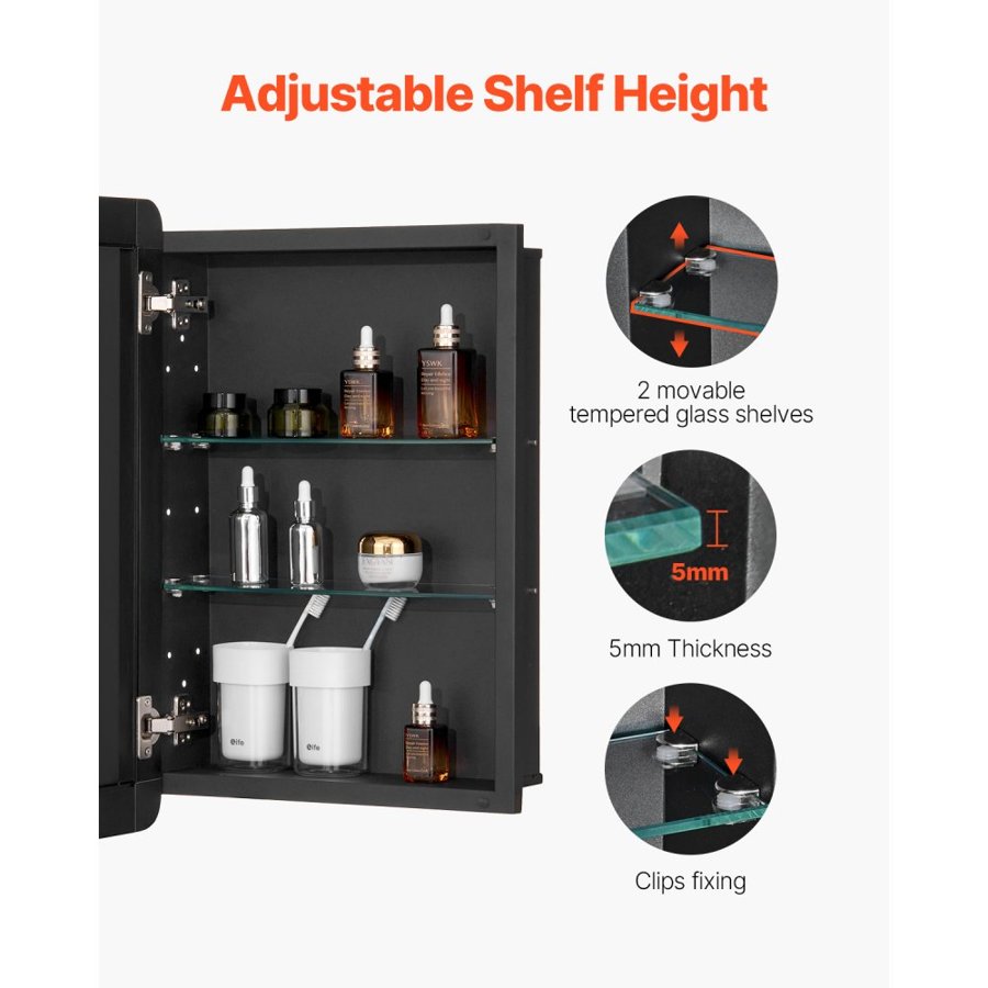 VEVOR Medicine Cabinet, 16 x 24 inch, Medicine Cabinet for Bathroom with Mirror,  Aluminum Frame Bathroom Wall Cabinet, 2-layer Adjustable Shelves, Recessed & Wall-mounted Installation