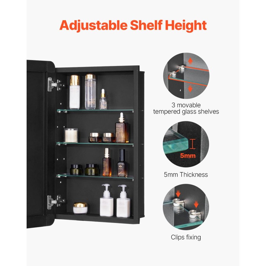 VEVOR Medicine Cabinet, 16.5 x 27.5 inch, Medicine Cabinet for Bathroom with Mirror,  Aluminum Frame Bathroom Wall Cabinet, 3-layer Adjustable Shelves, Recessed & Wall-mounted Installation