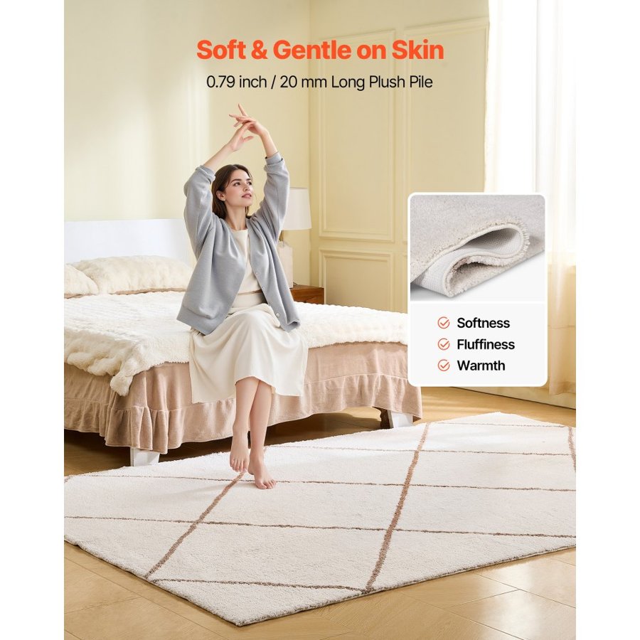 VEVOR Indoor Plush Area Rugs, 1.83 x 2.74 m Plush Carpet, Area Rugs Furry with Long Plushs Pile, Thick & Durable High-Pile Rug for High-Traffic Areas, Bedroom, Non-Shedding & Non-Slip Backing, Beige