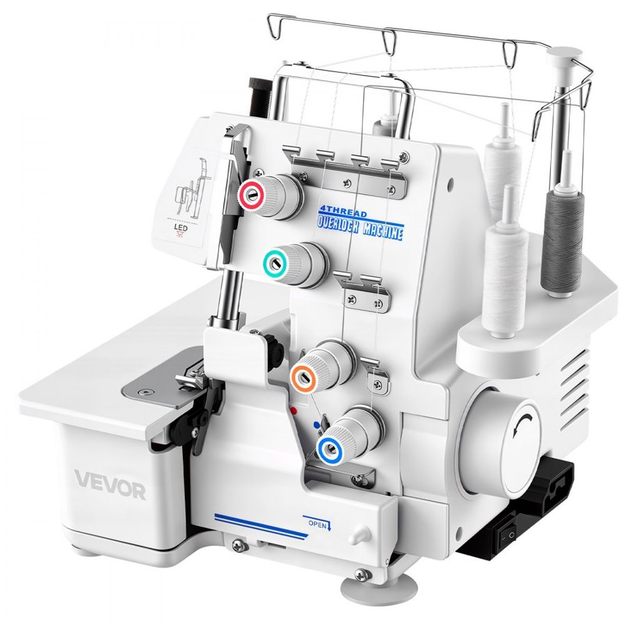 VEVOR Serger Overlock Sewing Machine, 1250 Stitches Per Minute, 3 and 4 Thread Capability, with LED Light and Strong Suction Feet, Heavy-Duty Metal Frame Sewing Machine for Various Fabrics, White