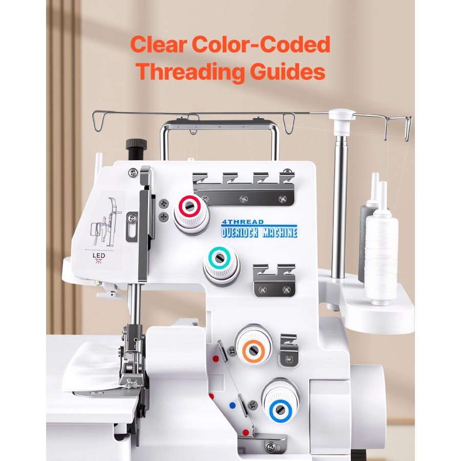 VEVOR Serger Overlock Sewing Machine, 1250 Stitches Per Minute, 3 and 4 Thread Capability, with LED Light and Strong Suction Feet, Heavy-Duty Metal Frame Sewing Machine for Various Fabrics, White