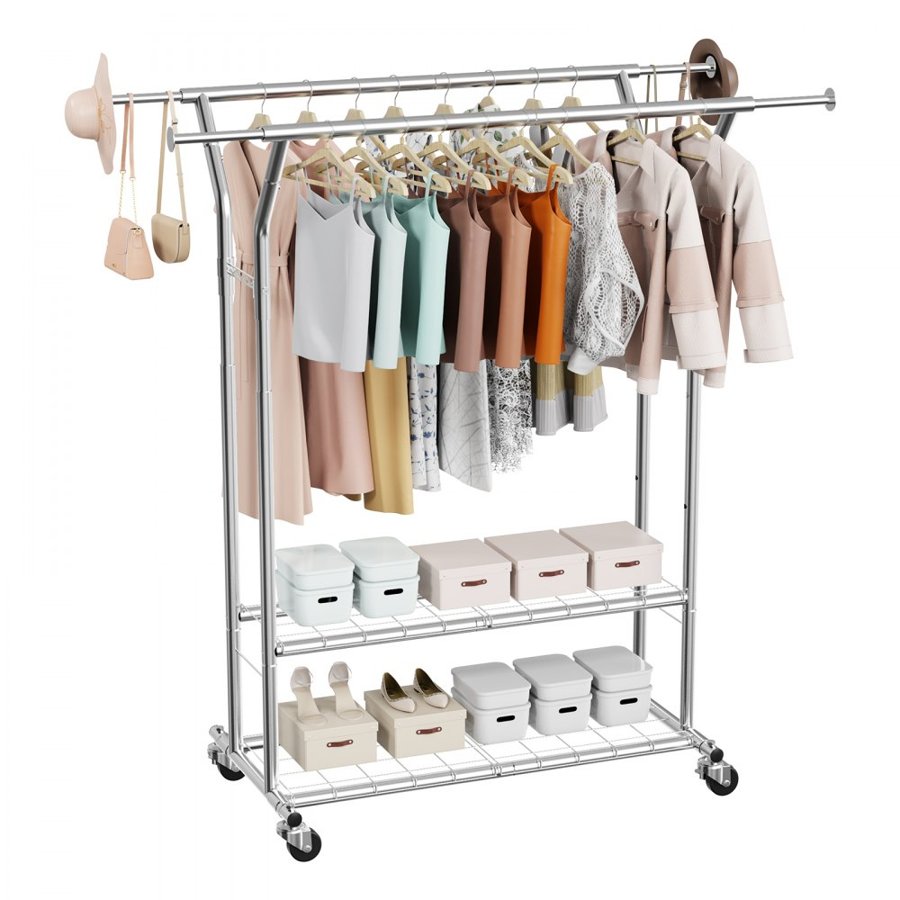 VEVOR Rolling Clothing Rack – 264lbs, 2 Rods, 2 Shelves
