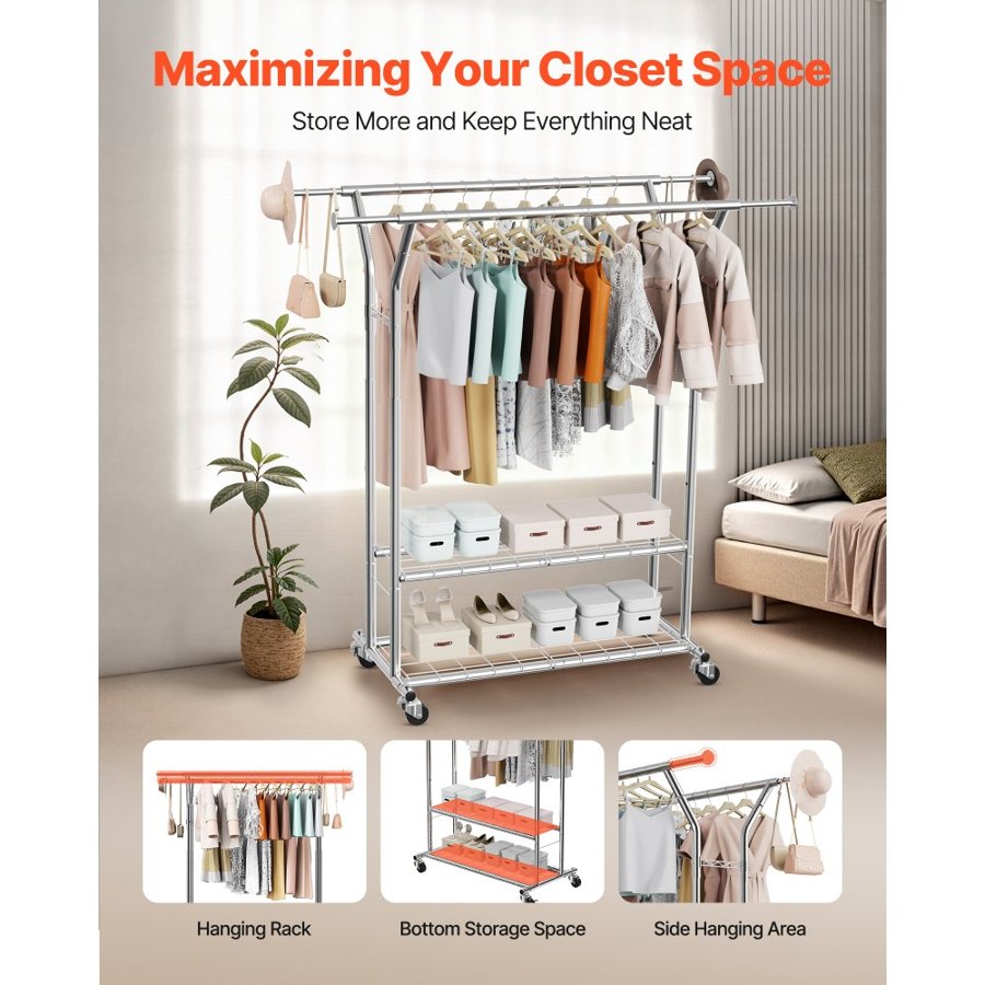 VEVOR Rolling Clothing Rack – 264lbs, 2 Rods, 2 Shelves