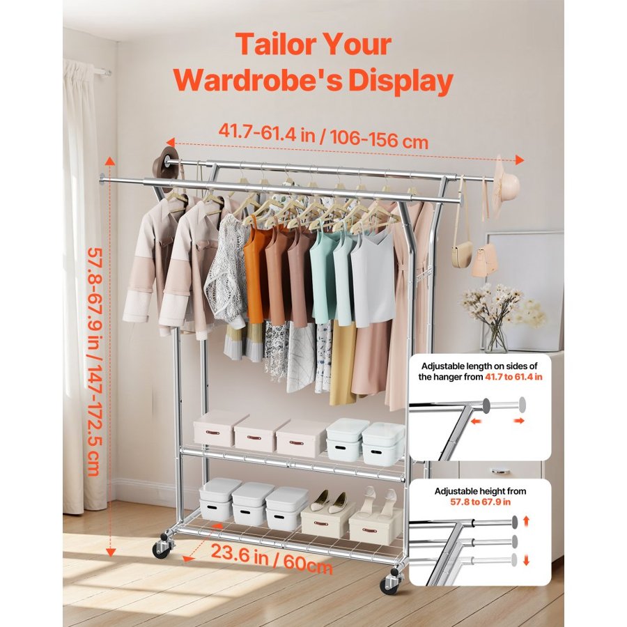 VEVOR Rolling Clothing Rack – 264lbs, 2 Rods, 2 Shelves