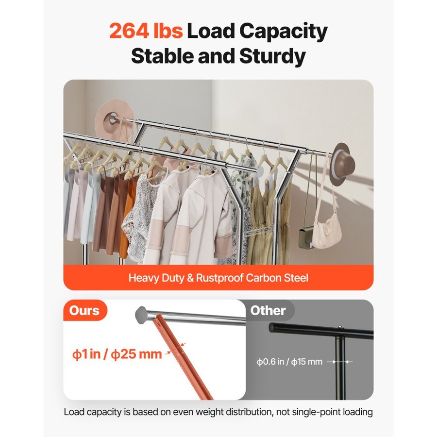 VEVOR Rolling Clothing Rack – 264lbs, 2 Rods, 2 Shelves