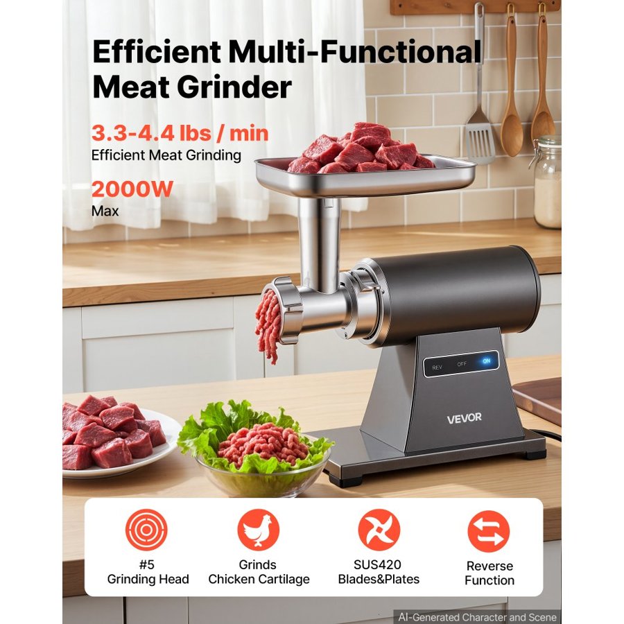 VEVOR Electric Meat Grinder, 1.5-2 kg/min 2000W Max, #5 Home Meat Mincer with 3 Grinding Plates, Sausage Stuffing Tube & Kubbe Kit, 450W Steel Sausage Meatballs Maker for Home Kitchens