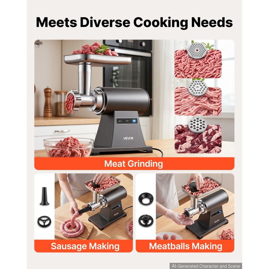 VEVOR Electric Meat Grinder, 1.5-2 kg/min 2000W Max, #5 Home Meat Mincer with 3 Grinding Plates, Sausage Stuffing Tube & Kubbe Kit, 450W Steel Sausage Meatballs Maker for Home Kitchens