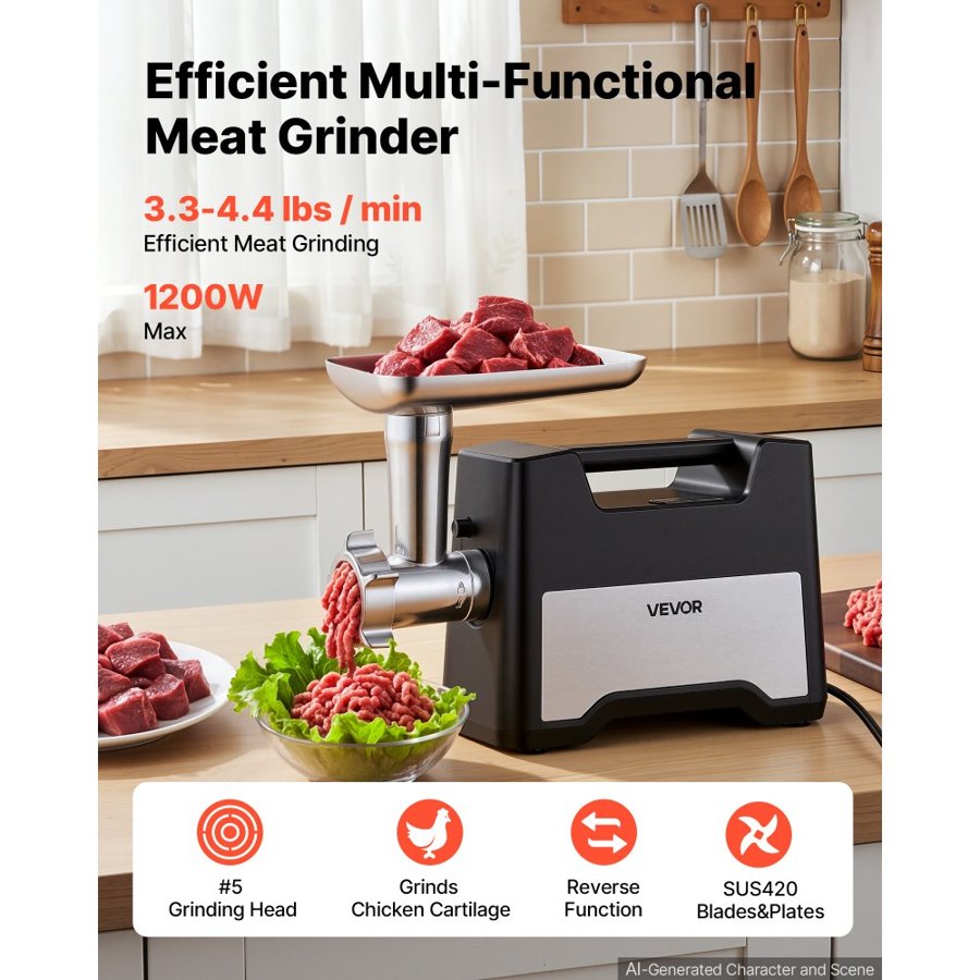VEVOR Electric Meat Grinder, 1.5-2 kg/min 1200W Max, #5 Home Meat Mincer with 2 Grinding Plates, Sausage Stuffing Tube & Kubbe Kit, 500W Stainless Steel Sausage Maker for Home Kitchens