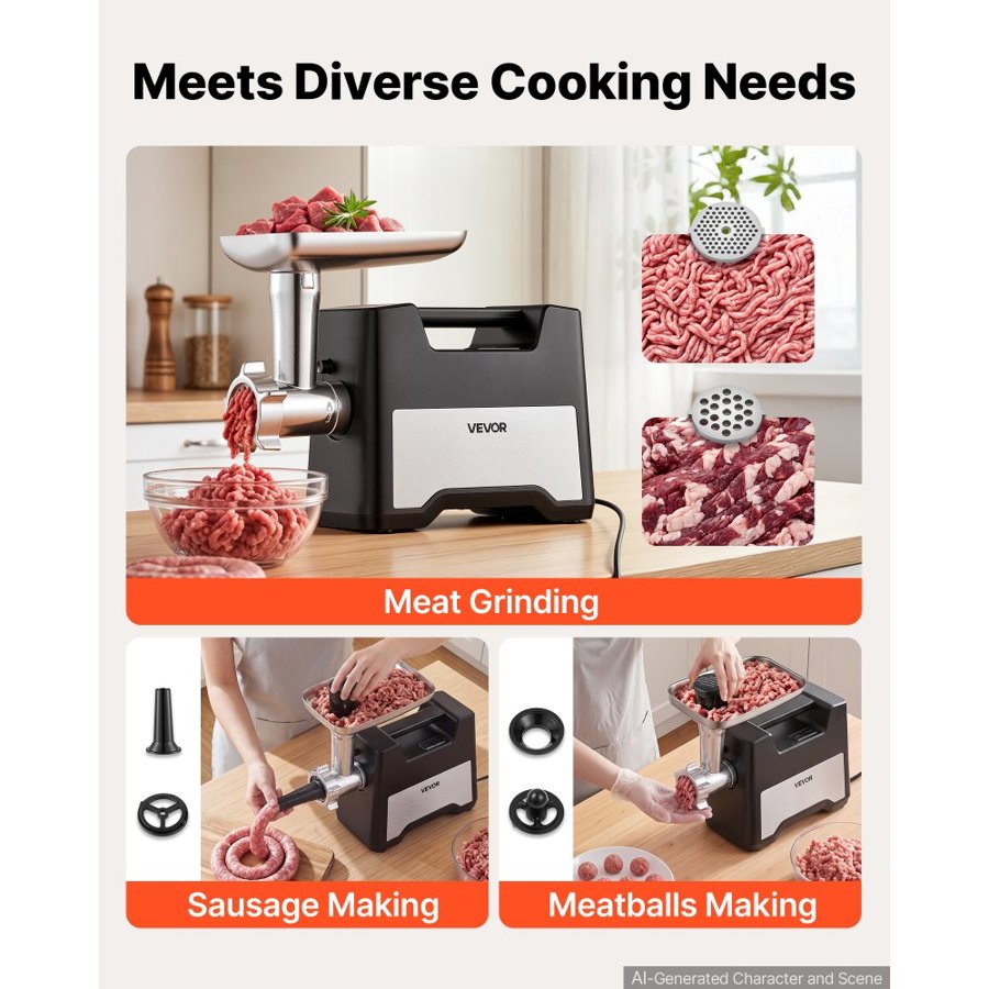 VEVOR Electric Meat Grinder, 1.5-2 kg/min 1200W Max, #5 Home Meat Mincer with 2 Grinding Plates, Sausage Stuffing Tube & Kubbe Kit, 500W Stainless Steel Sausage Maker for Home Kitchens