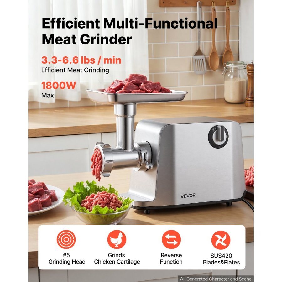 VEVOR Electric Meat Grinder, 1.5-3 kg/min 1800W Max, #5 Home Meat Mincer, 2-Speed with 3 Grinding Plates, 3 Sausage Stuff Tubes & Kubbe Kit, 700W Die-Cast Aluminum Sausage Maker for Home Kitchens